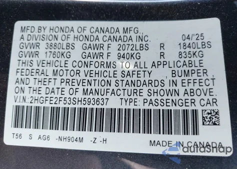 2025 Honda Civic Sport from USA, damaged, VIN 2HGFE2F53SH593637